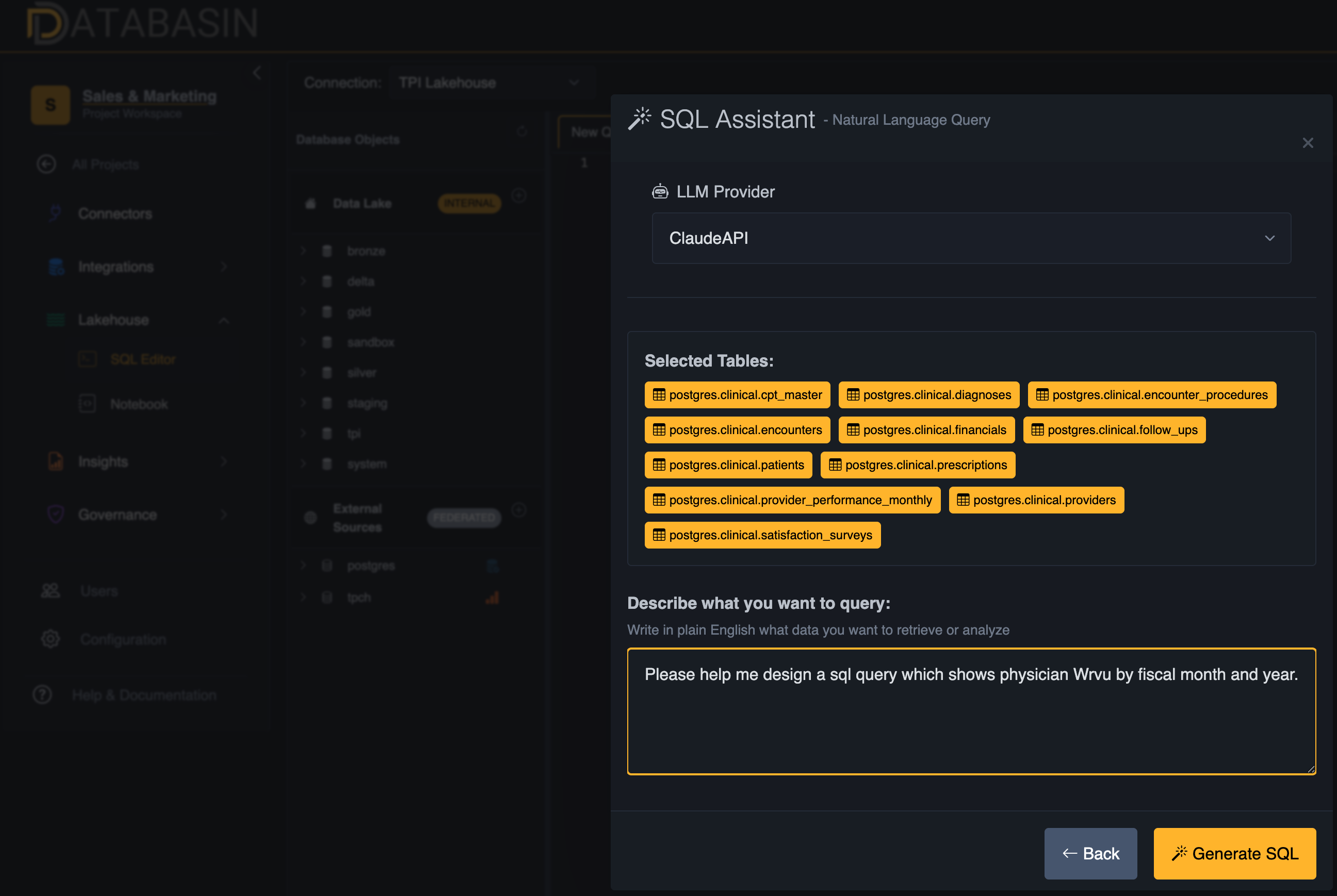 Databasin Lakehouse - SQL Editor with AI