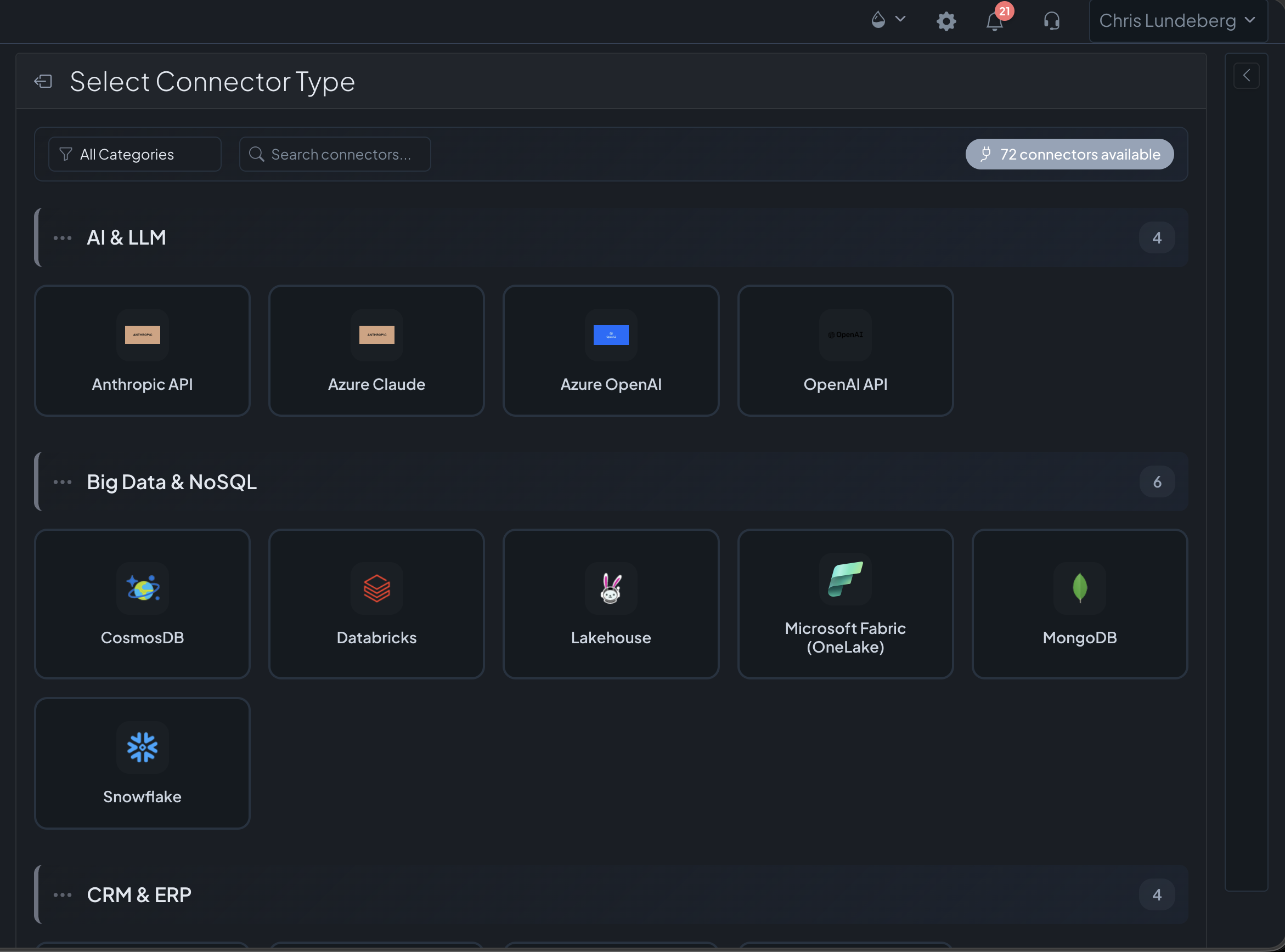 Databasin Connectors — catalog of 72+ pre-built source connectors across AI & LLM, Big Data, NoSQL, and CRM categories