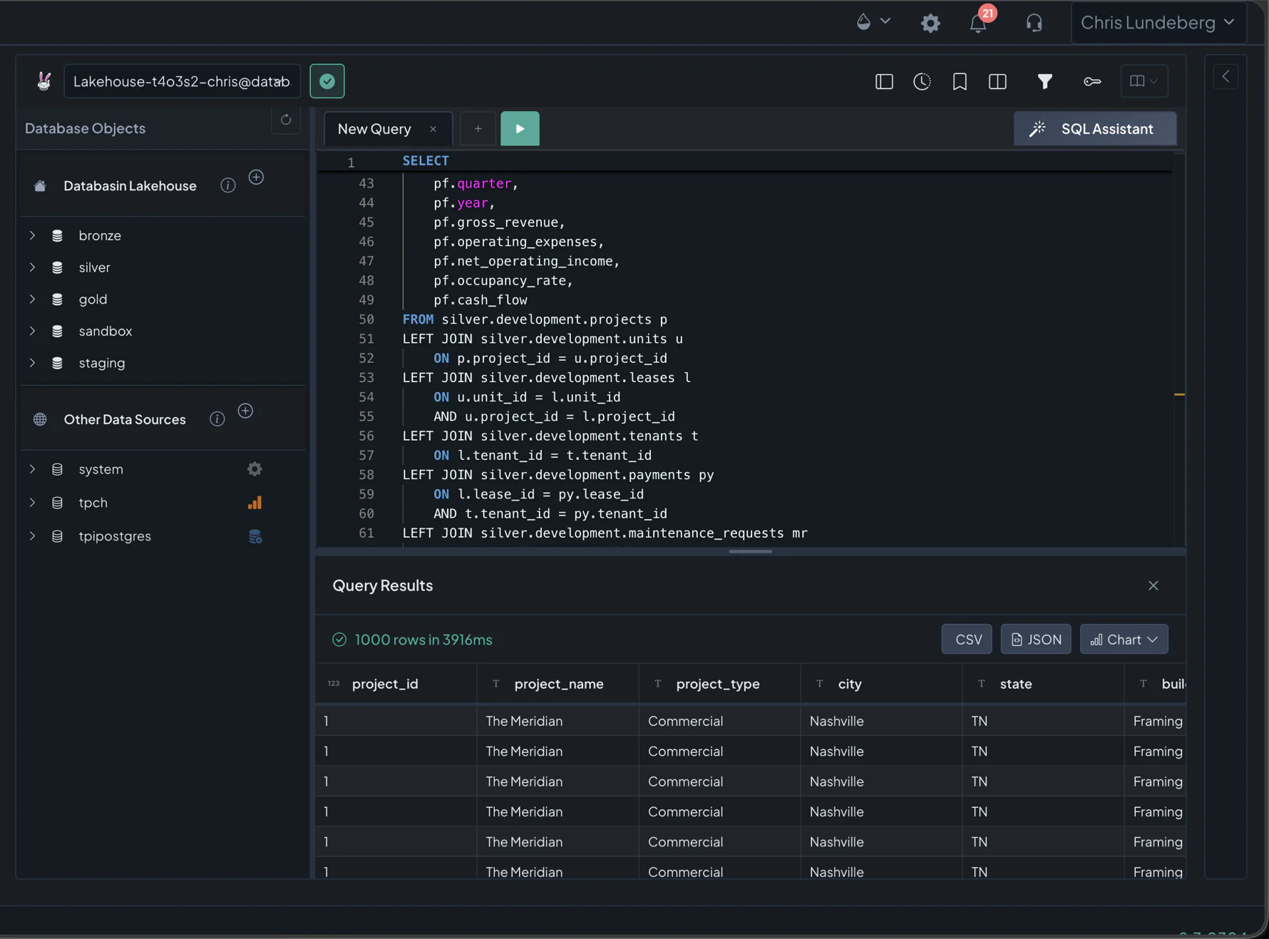 The Databasin SQL editor querying the lakehouse, with the object explorer and a results grid.