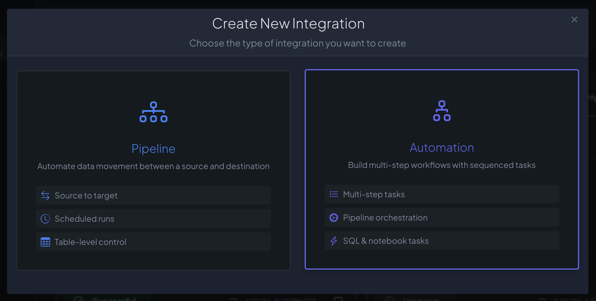 Databasin Create New Integration — choose between a Pipeline or Automation workflow