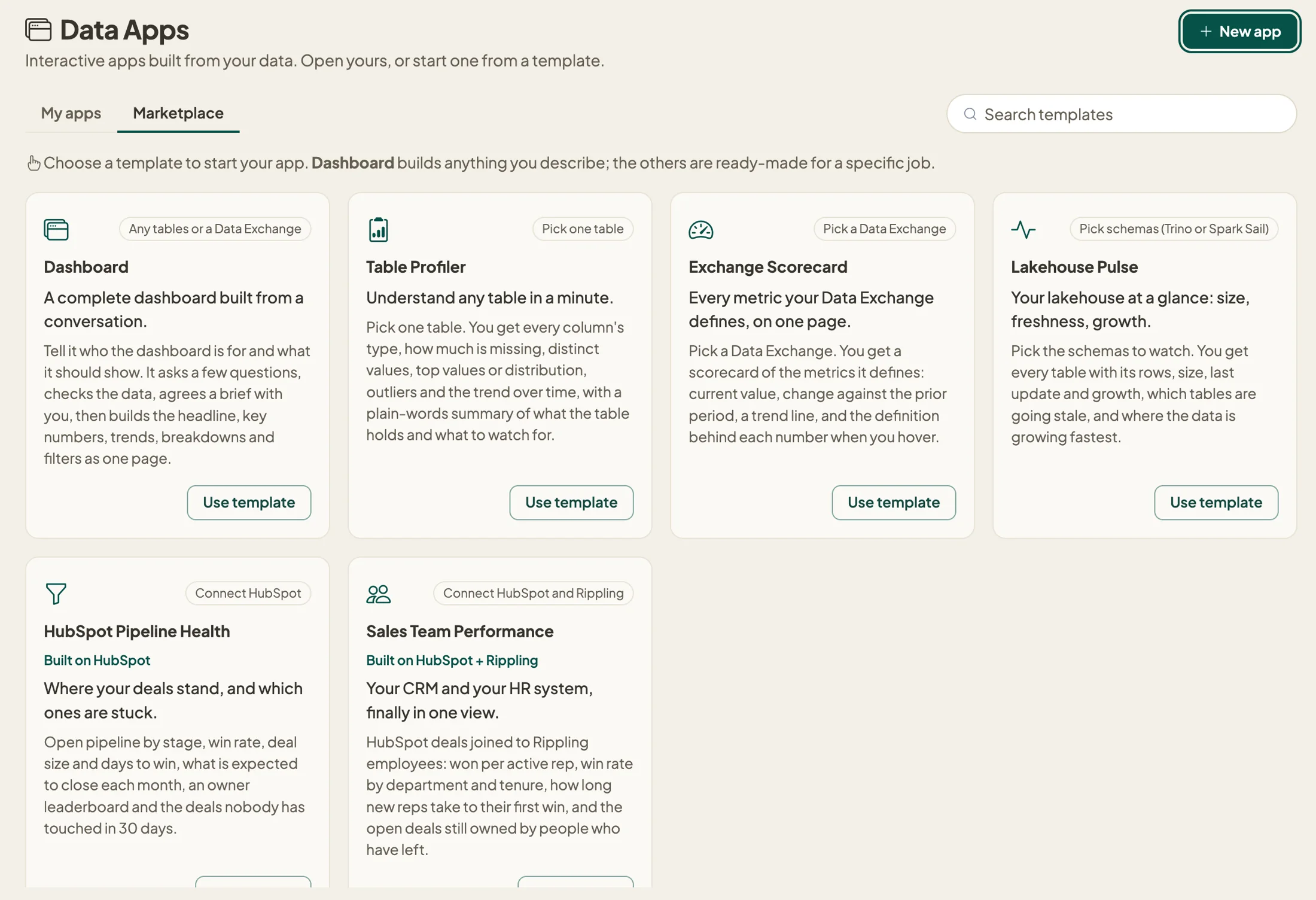 The Data Apps marketplace: Dashboard, Table Profiler, Exchange Scorecard, Lakehouse Pulse, HubSpot Pipeline Health and Sales Team Performance templates.