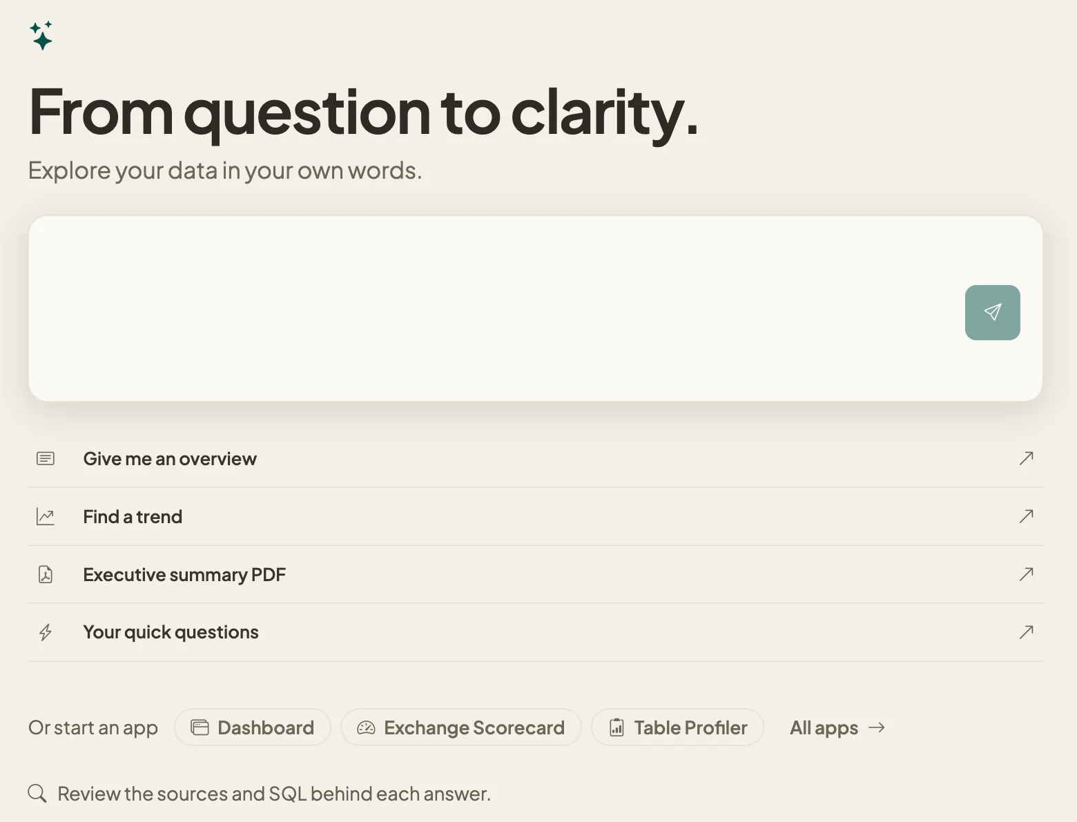 Databasin One: a box to ask a question in your own words, with suggestions to give an overview, find a trend or write an executive summary, and a note that every answer shows its sources and SQL.